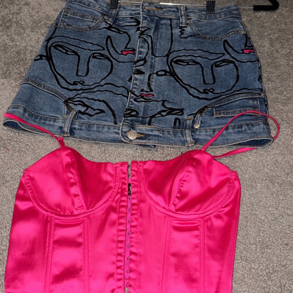 AKIRA Pink Satin Bustier and Denim Skirt Set